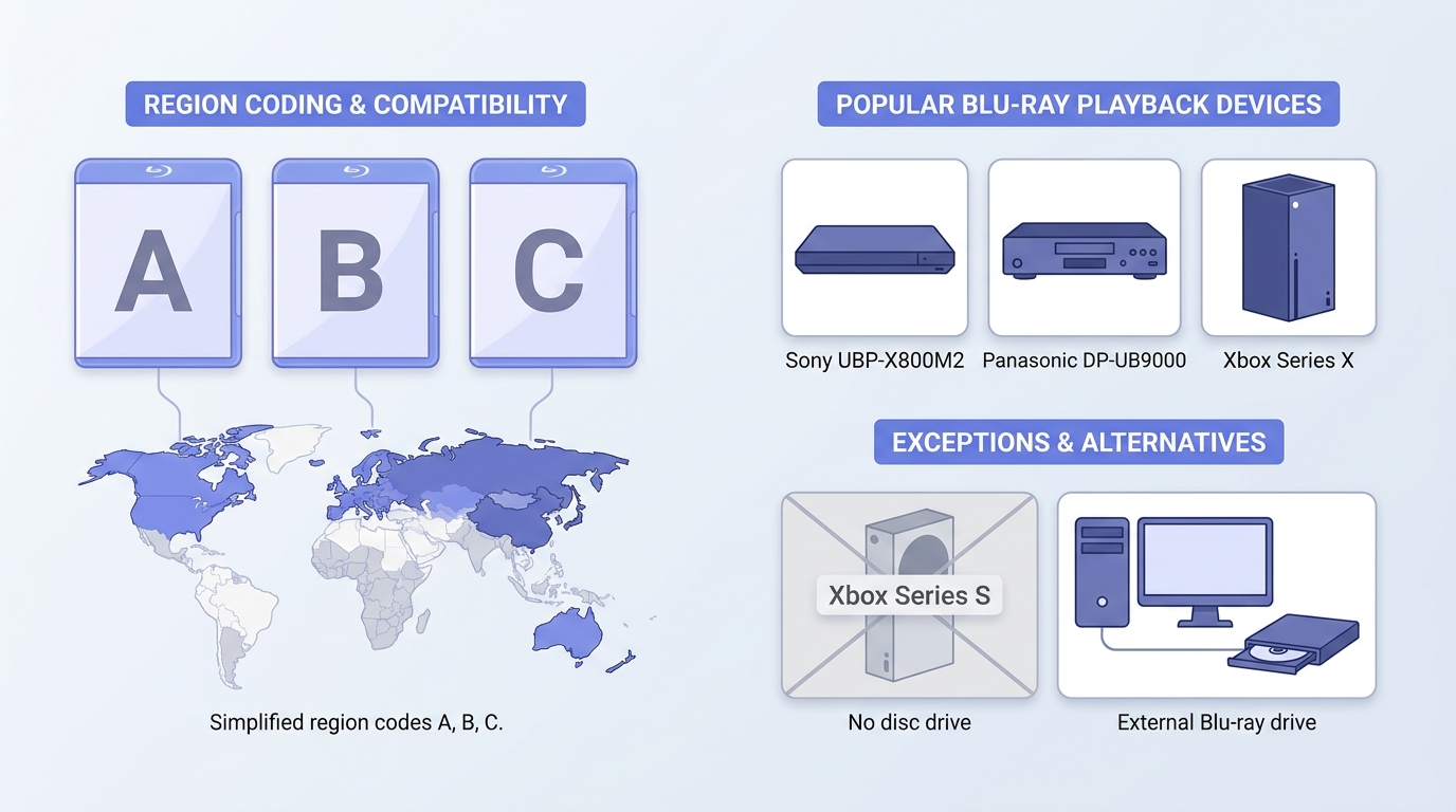 Blu-ray region codes and playback support on players, Xbox consoles, and computers