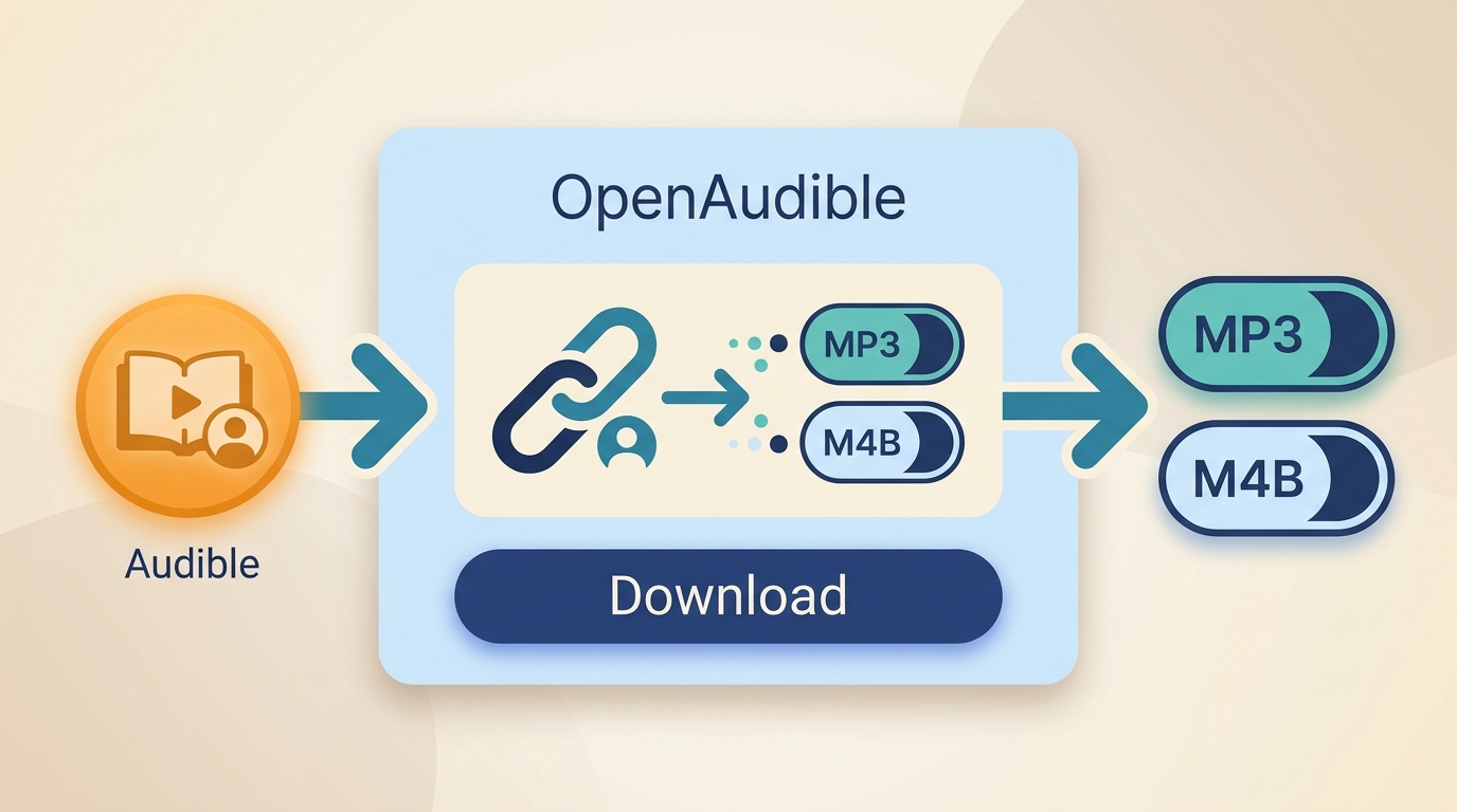 OpenAudible settings for MP3 or M4B, Audible account connection, and audiobook download action