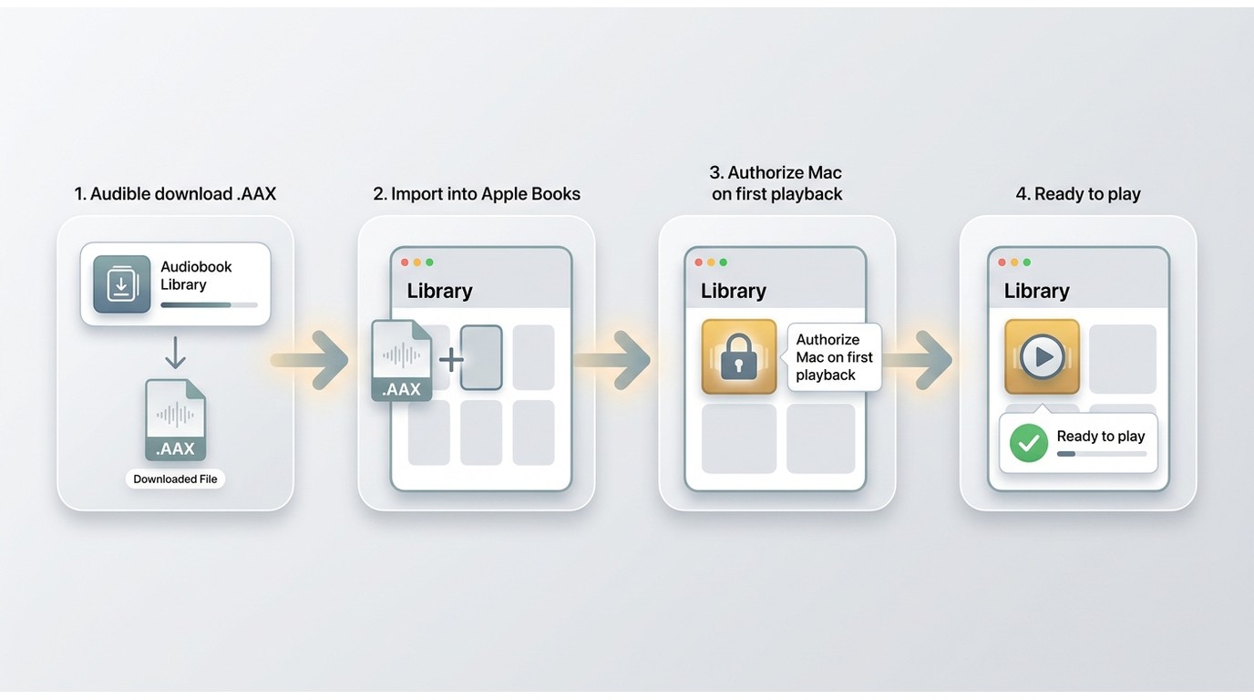 Audible AAX download imported into Apple Books and authorized for playback on Mac.