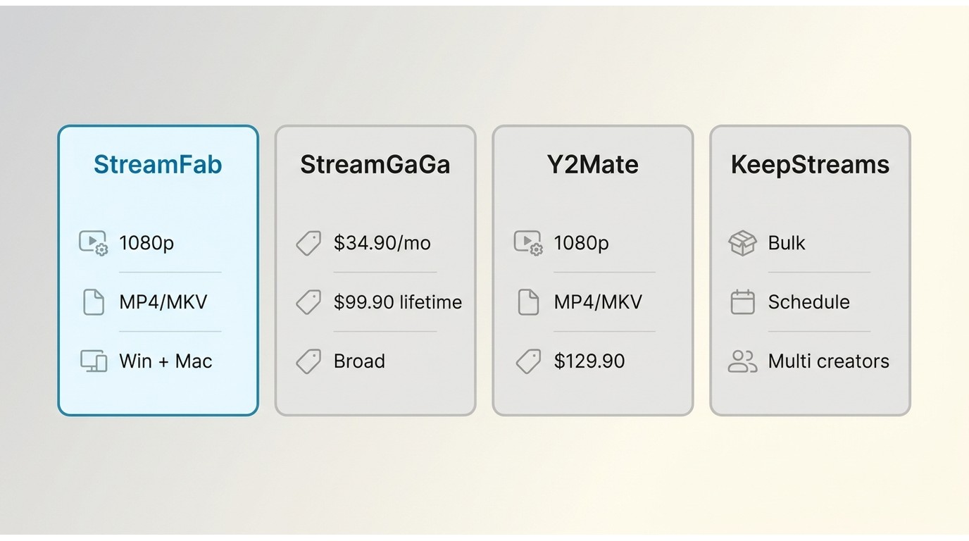 Comparison of StreamFab, StreamGaGa, Y2Mate, and KeepStreams prices, formats, and fit.