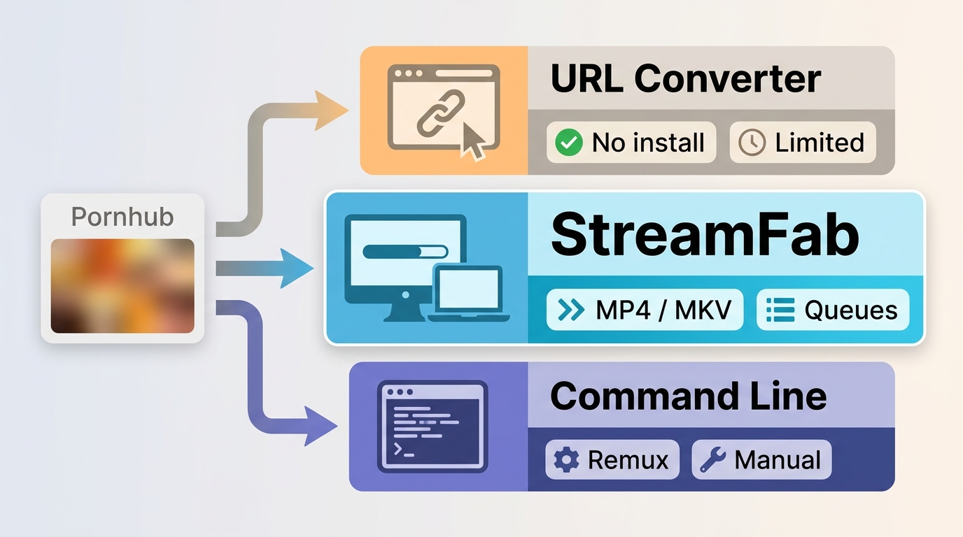Comparison of Pornhub URL converters, StreamFab desktop workflow, and command-line remuxing.