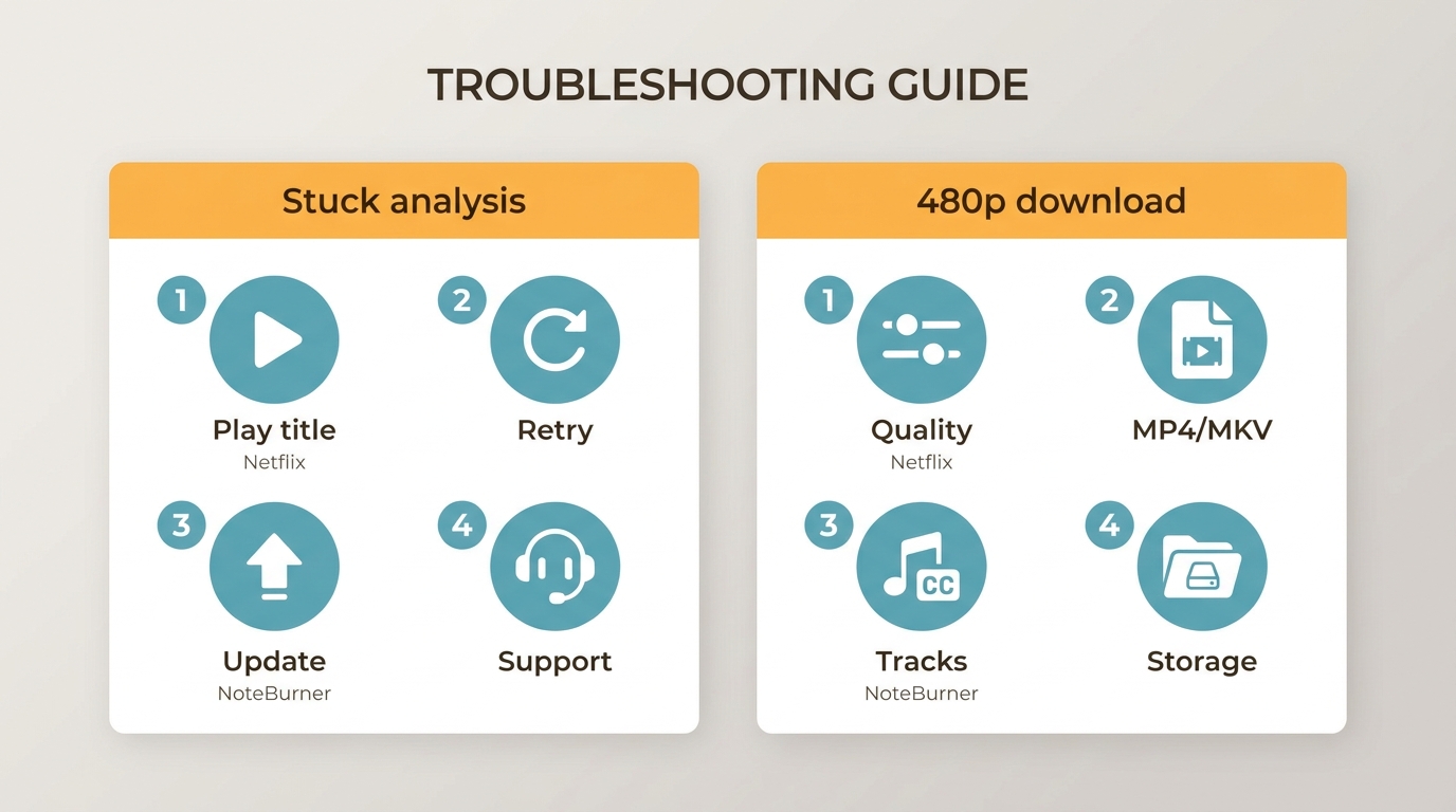 NoteBurner troubleshooting path for stuck analysis and 480p Netflix downloads.