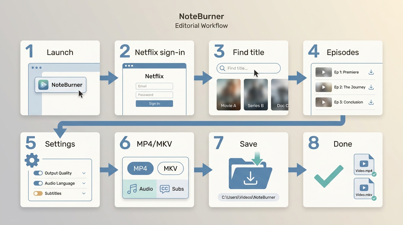 Eight NoteBurner steps from Netflix sign-in and title selection to saved MP4 or MKV files.