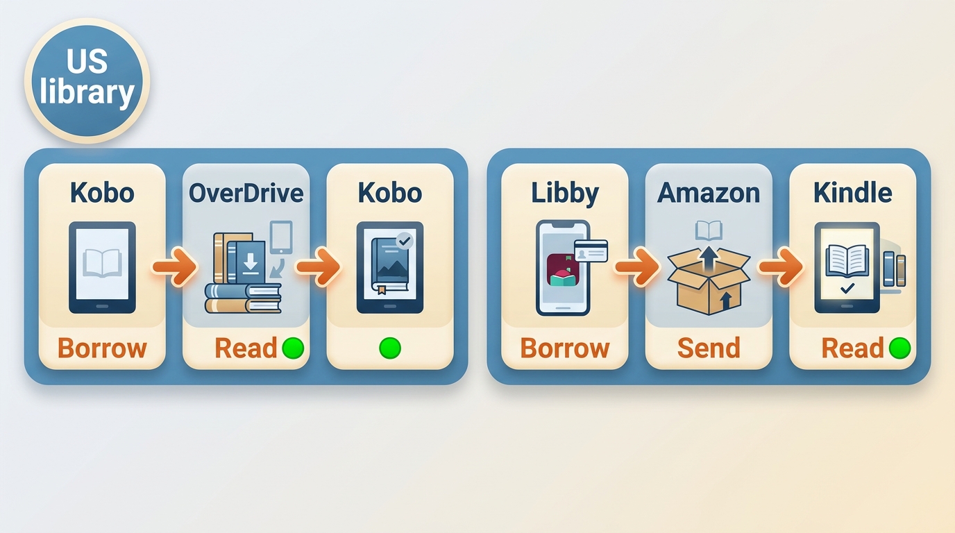 Kobo OverDrive borrowing compared with Libby and Amazon delivery to Kindle.