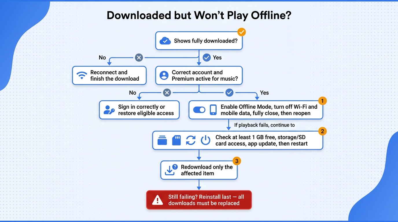 Diagnostic flowchart checking download completion, account, cold-start playback, storage, redownload