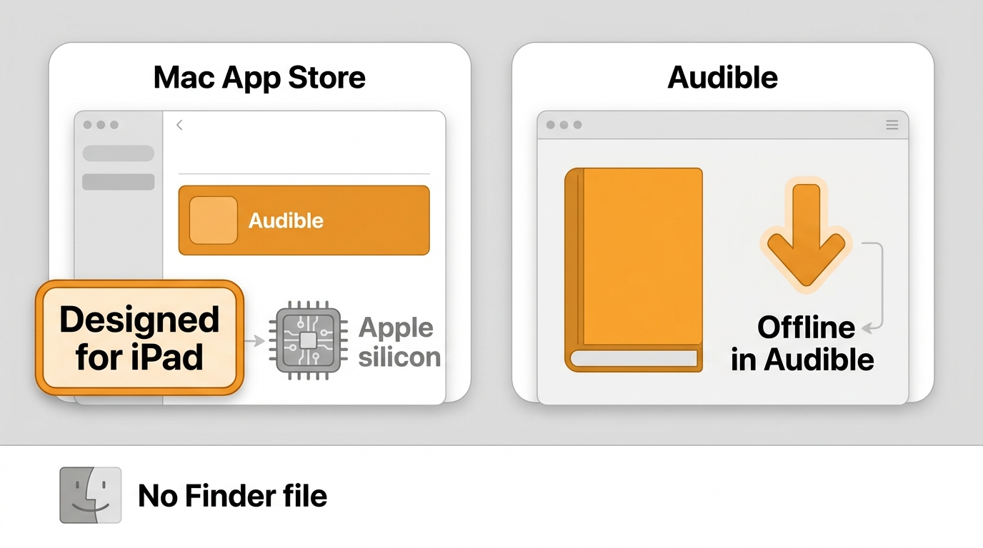 Audible iPad app on Mac downloads a book for offline listening without a Finder file.