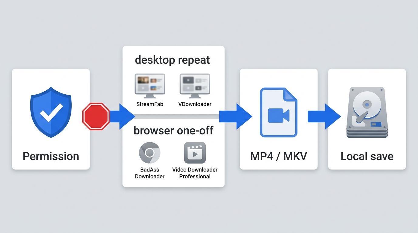Workflow for choosing StreamFab, VDownloader, or browser tools and saving authorized MP4 or MKV file