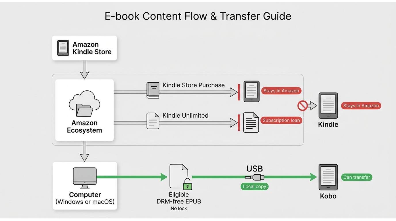 Kindle purchases and Kindle Unlimited loans stay in Amazon, while eligible DRM-free EPUB files can m