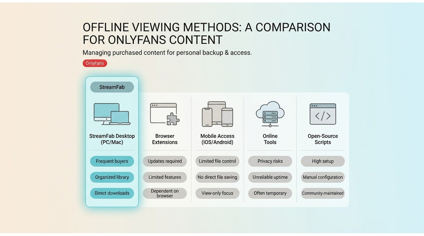 Comparison of StreamFab, browser extensions, mobile access, online tools, and scripts for OnlyFans v