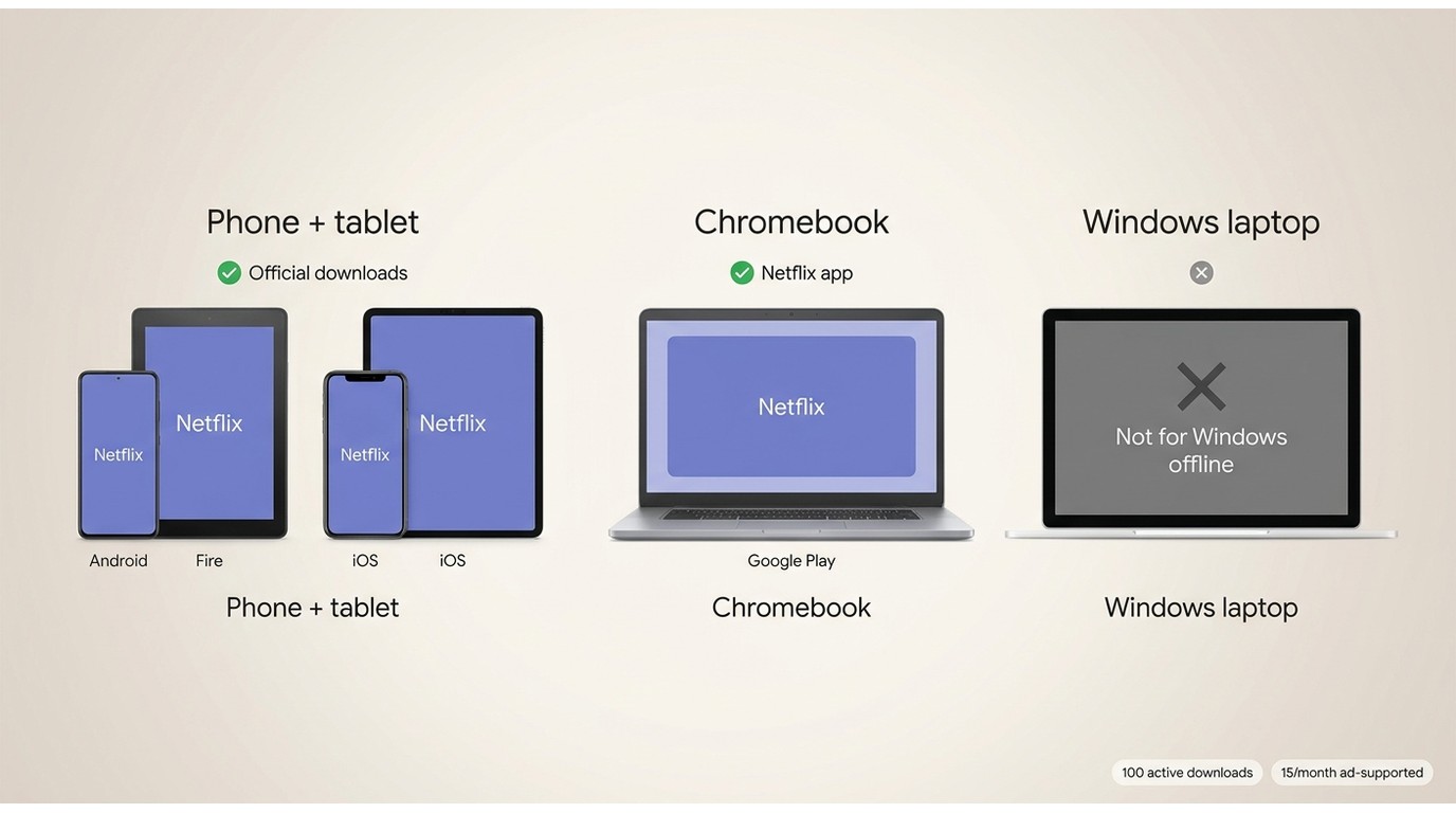 Netflix 官方下载支持移动设备和 Chromebook，不支持 Windows 离线播放