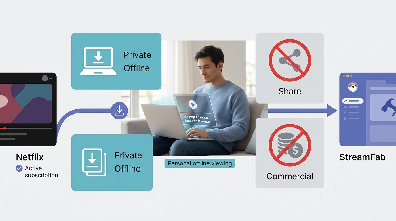 Netflix and StreamFab use boundaries: personal offline viewing versus no sharing or commercial use.