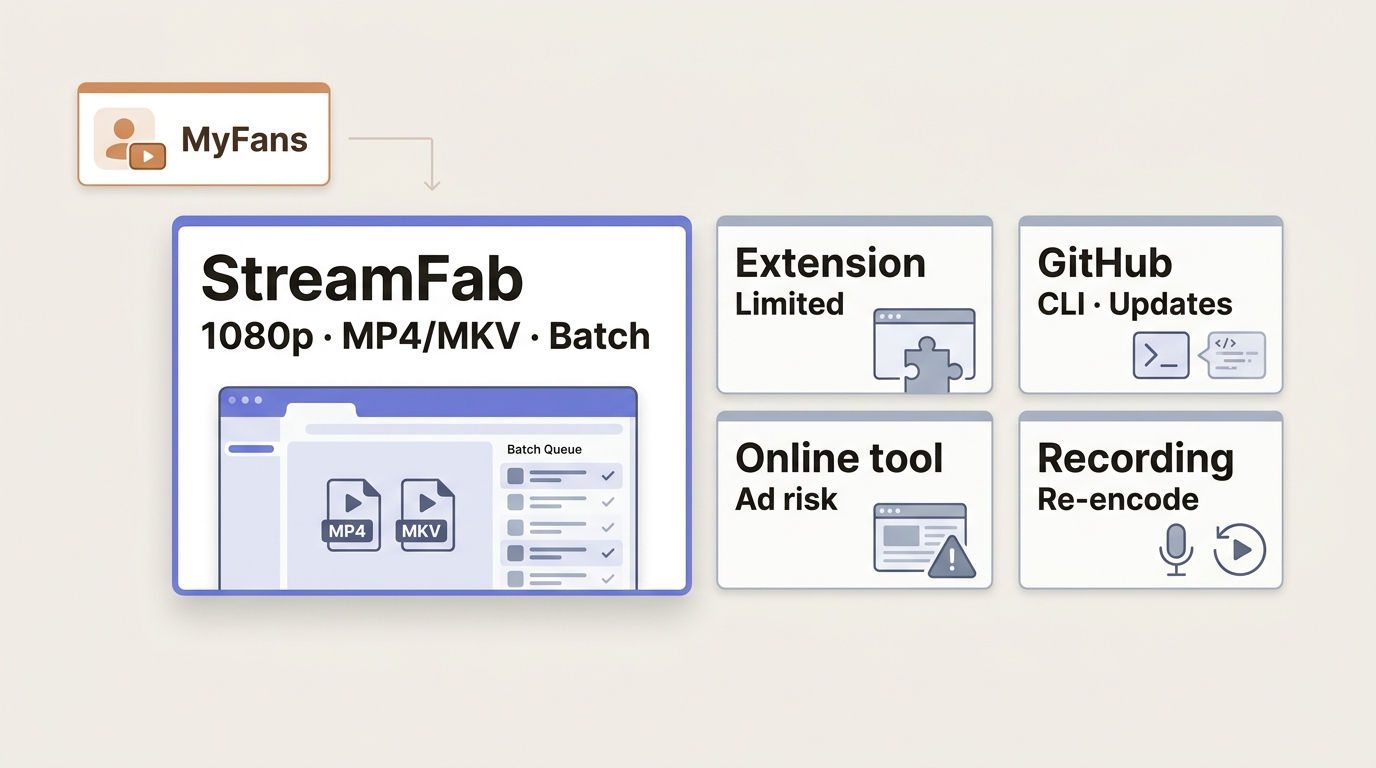 Comparison of StreamFab, extensions, GitHub scripts, online tools, and recording for MyFans viewing