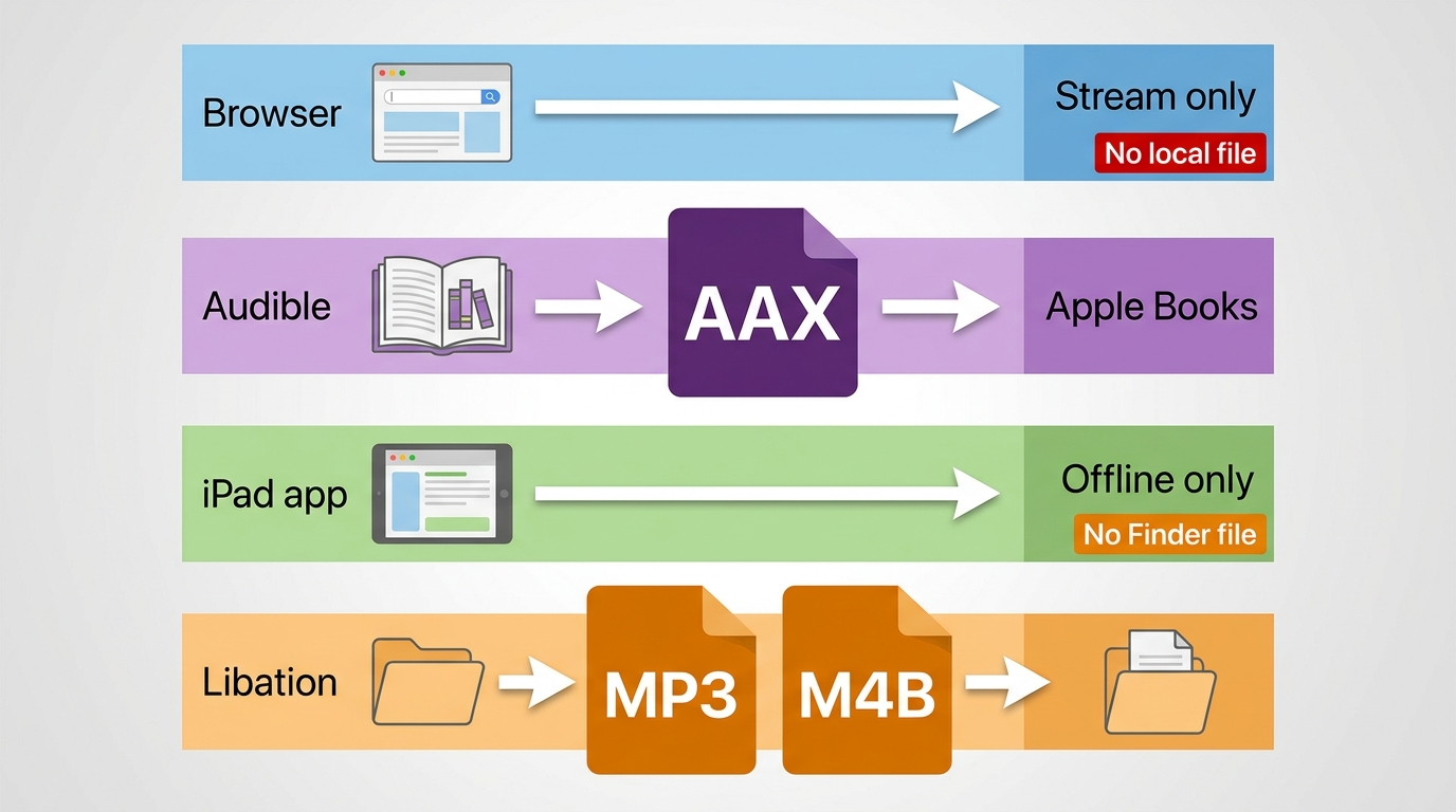 Comparison of Audible Mac routes: streaming, AAX for Apple Books, app-only downloads, and Libation M