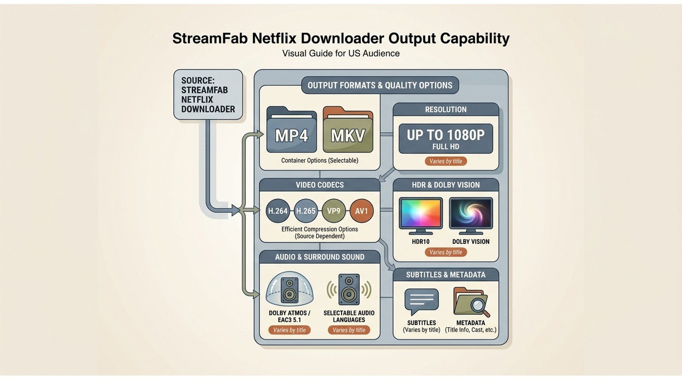 StreamFab Netflix output options including MP4, MKV, 1080p, codecs, HDR, audio, and subtitles.
