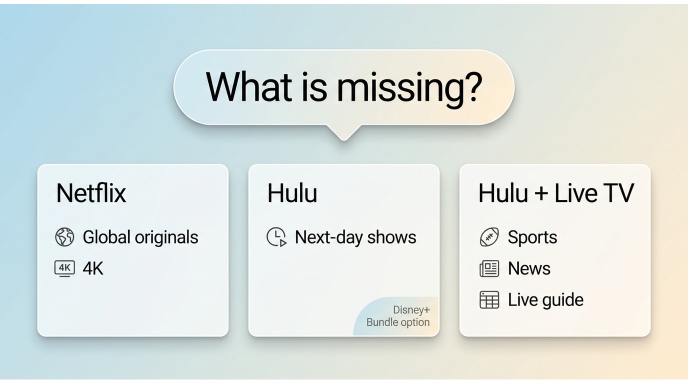Decision guide for choosing Netflix, Hulu, or Hulu + Live TV based on shows, 4K, and live channels.