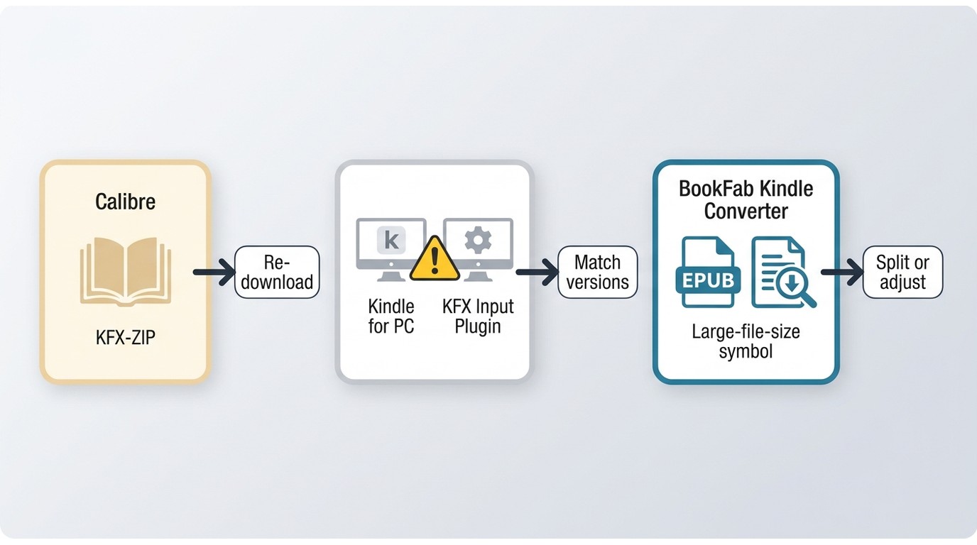 Calibre and BookFab checks for KFX-ZIP, plugin mismatch, and large EPUB files