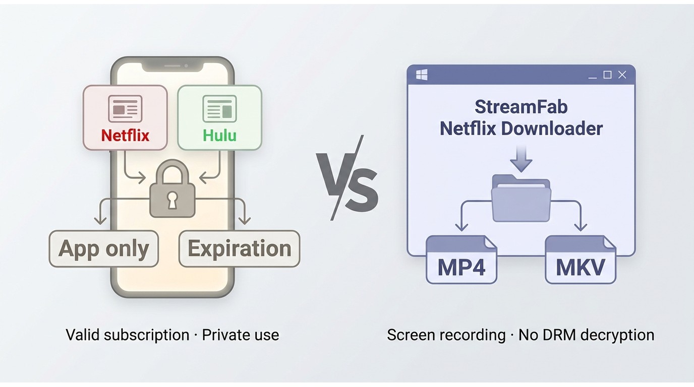 Netflix and Hulu app downloads stay in the apps, while StreamFab Netflix Downloader exports MP4 or M