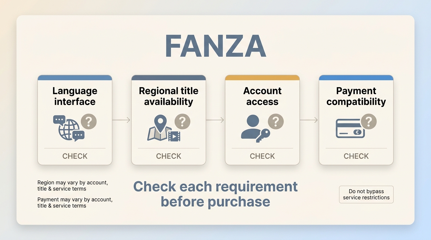 FANZA access checks for U.S. users: language, region, account, and payment.