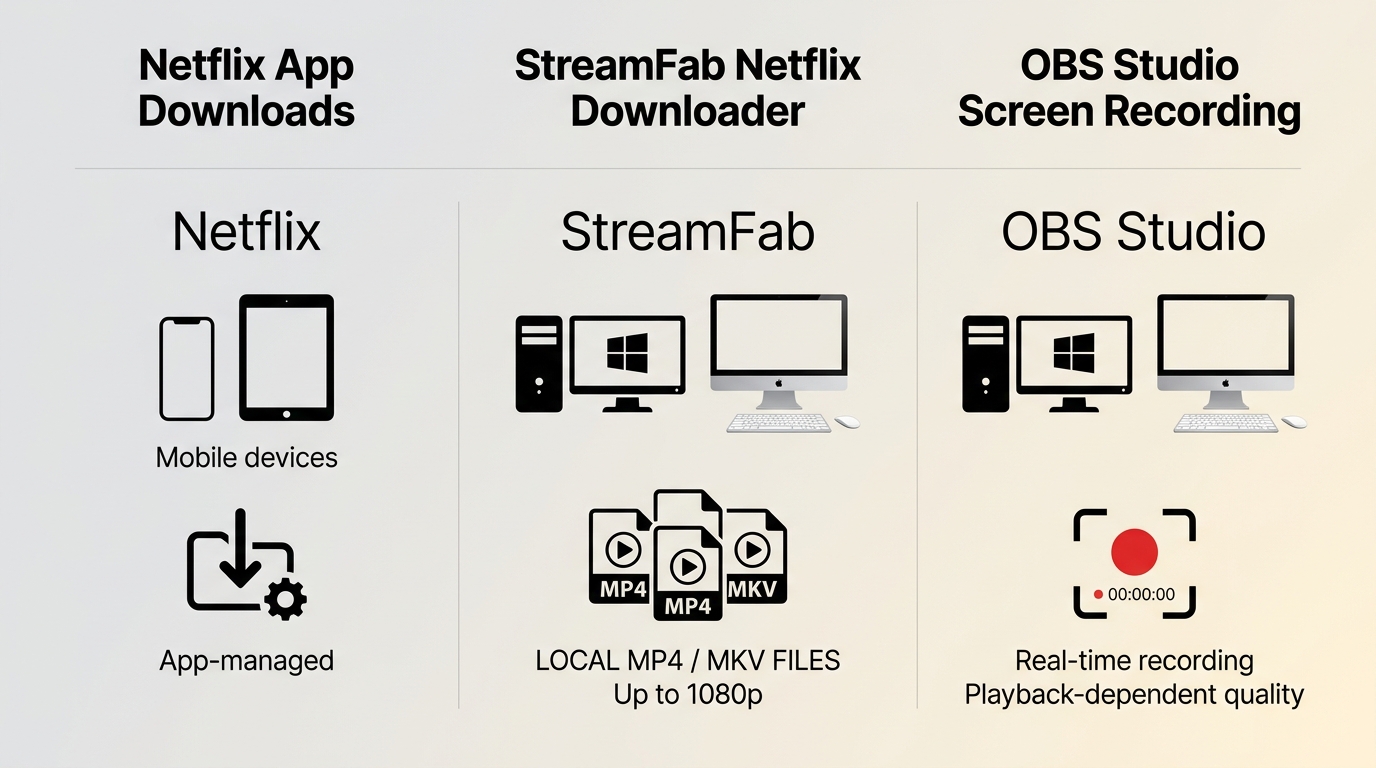 Comparison of Netflix downloads, StreamFab local files, and OBS Studio screen recording.
