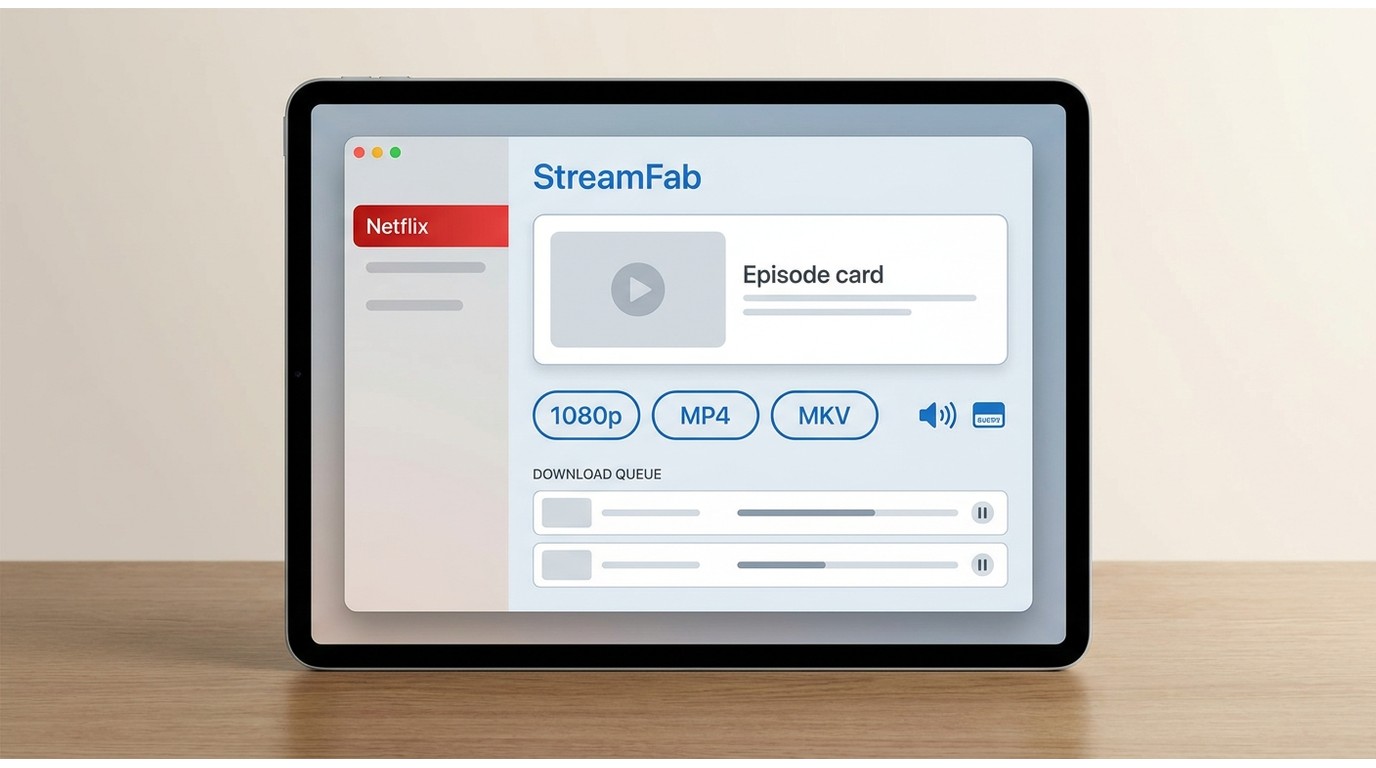 StreamFab Netflix Downloader selecting episode tracks, MP4 or MKV format, and a download queue.