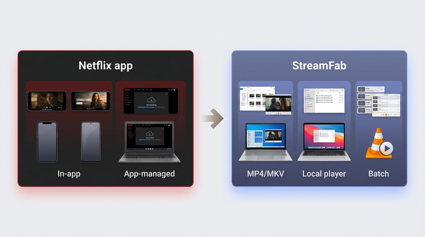 Netflix app downloads versus StreamFab local files for devices, MP4/MKV playback, and batch episodes