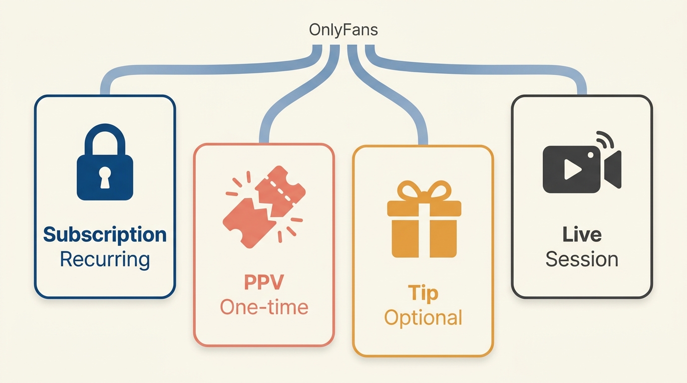 OnlyFans payment types compare recurring subscriptions with PPV, tips, and paid live access.