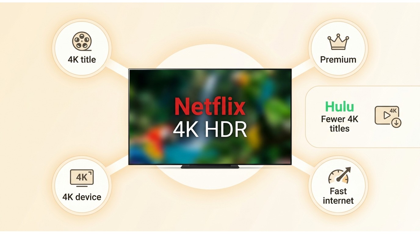 Netflix 4K HDR requires a supported plan, title, device, display, and connection; Hulu has fewer 4K 