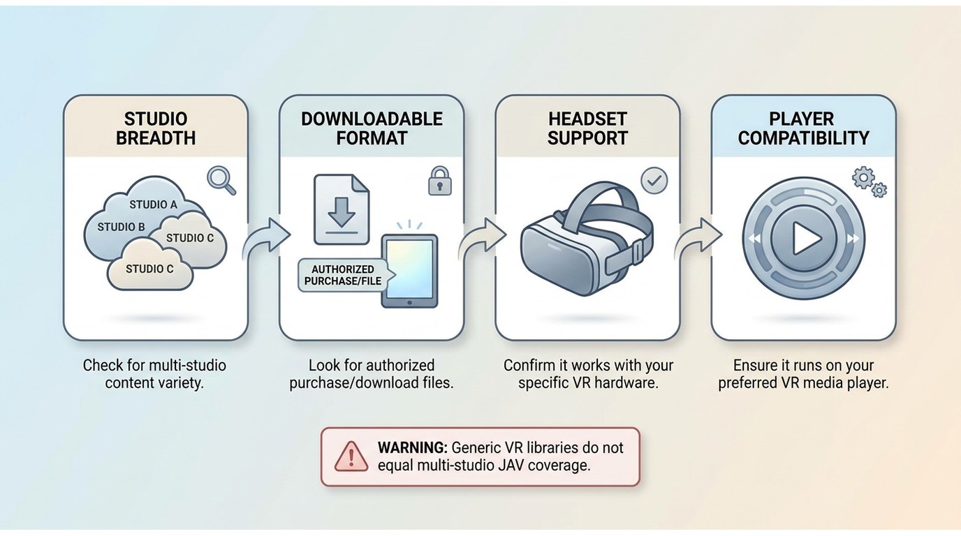 JAV VR access depends on studio coverage, file format, headset support, and player compatibility.