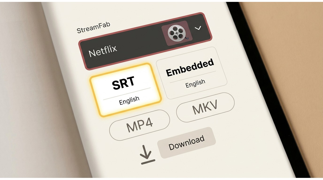 StreamFab settings for Netflix subtitle languages, external SRT, embedded tracks, MP4, and MKV.