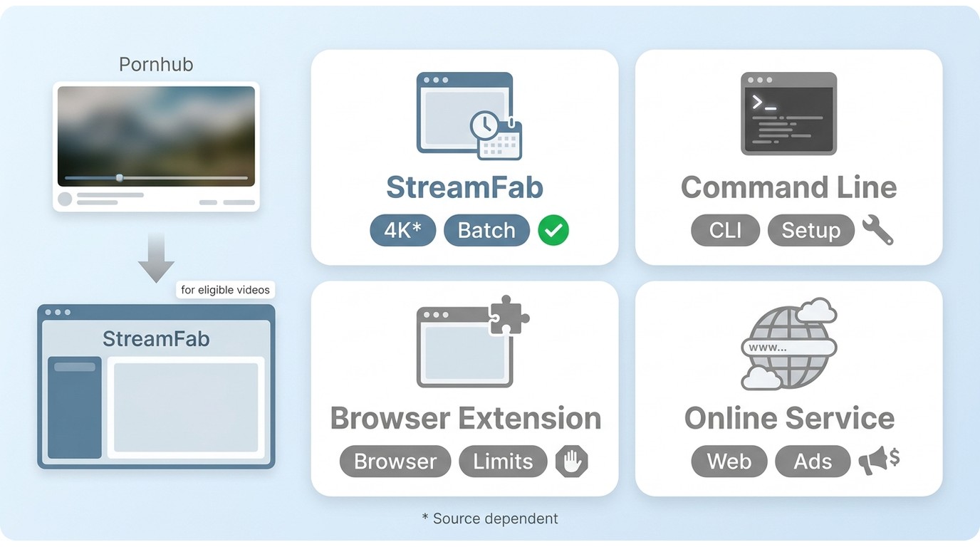 Comparison of StreamFab, command-line tools, browser extensions, and online services for Pornhub 4K 