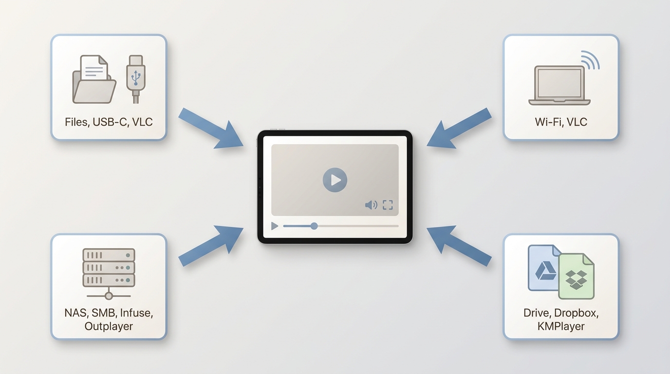 How VLC, KMPlayer, Infuse, and Outplayer handle Files, Wi-Fi, cloud storage, and NAS video.