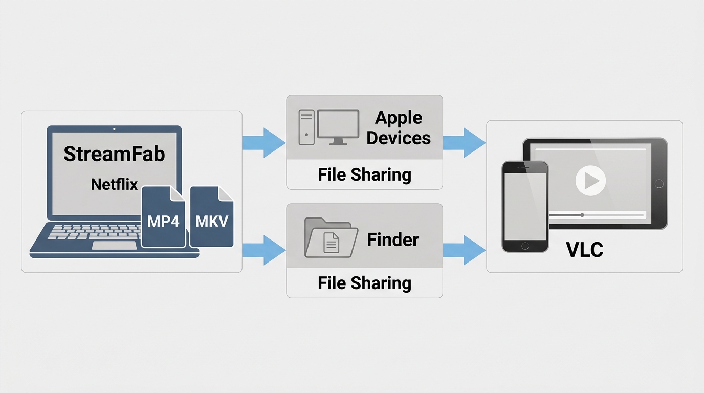 StreamFab MP4 transfer through Apple Devices or Finder to VLC on iPhone or iPad
