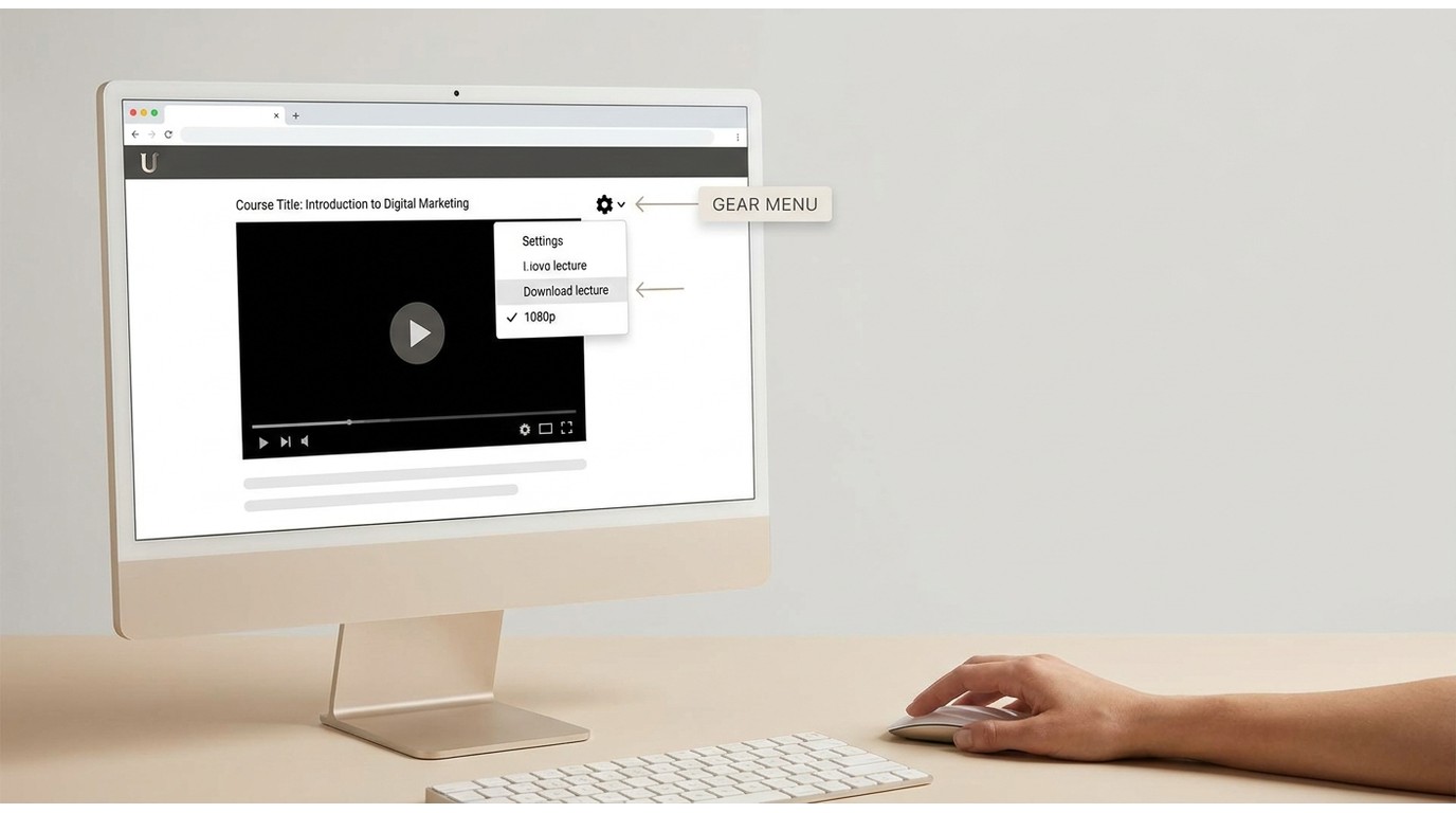 Udemy desktop lecture menu with Download lecture and 1080p quality selected