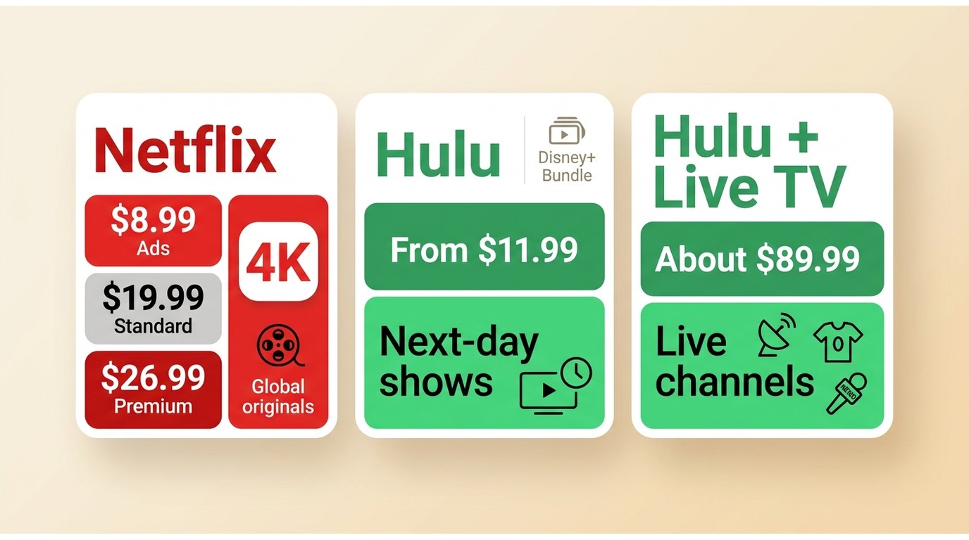 Comparison of Netflix, Hulu, and Hulu + Live TV prices, 4K focus, next-day shows, and live channels.