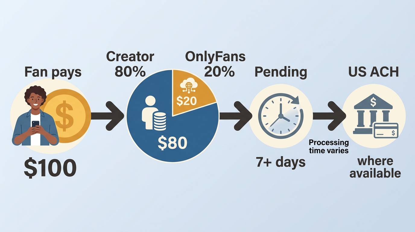 OnlyFans creator payout path from fan payment and 20% fee to pending earnings and US ACH transfer.