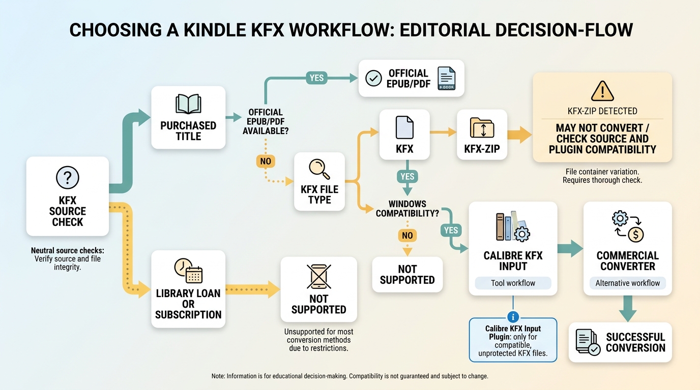Workflow for choosing Amazon Kindle KFX, Calibre, or BookFab conversion