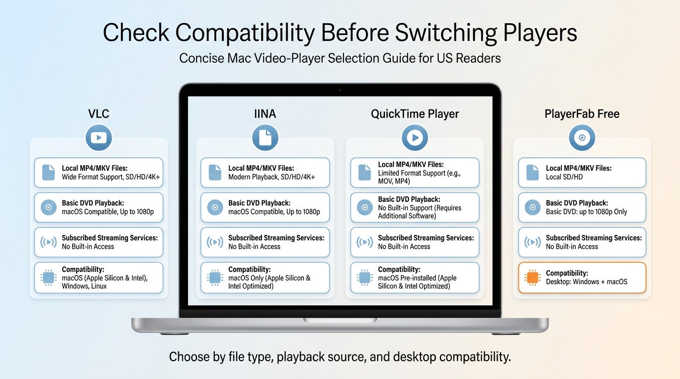 Mac player selection by local files, DVD playback, streaming access, and compatibility.
