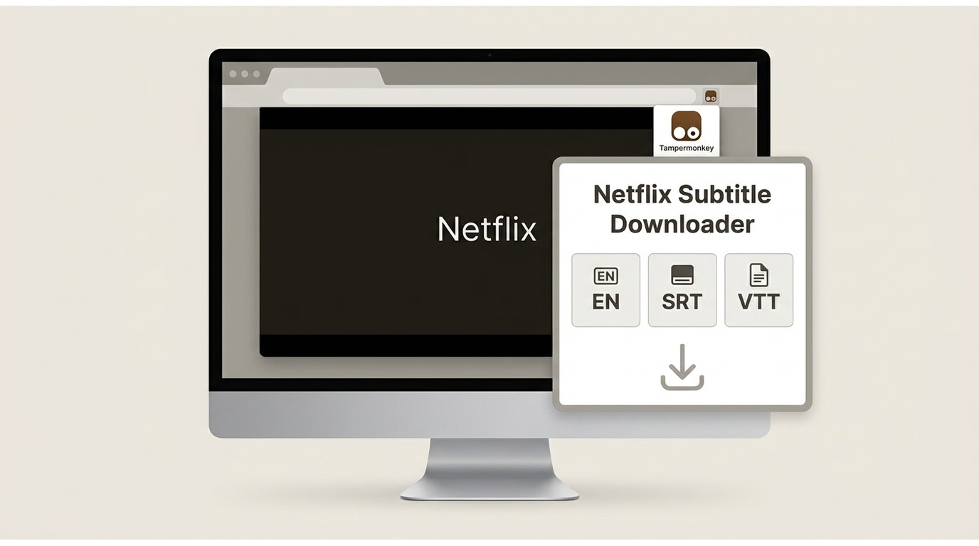 Netflix Subtitle Downloader controls in Tampermonkey with language, SRT, and VTT export options.