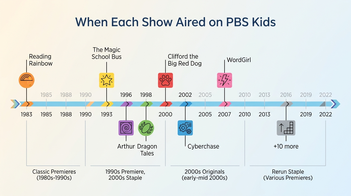 PBS Kids timeline comparing 2000s originals with older rerun staples such as Arthur and Reading Rain