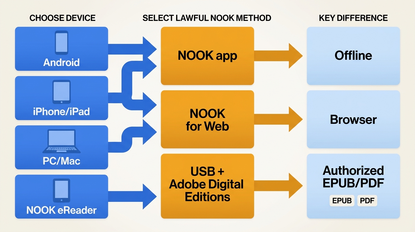 NOOK download methods by device, showing app reading, web reading, and EPUB or PDF sideloading.