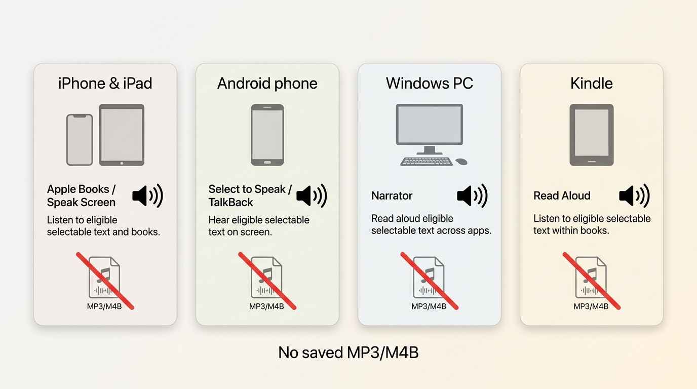 Apple Books, Android, Windows Narrator, and Kindle read-aloud options without saved MP3 or M4B files