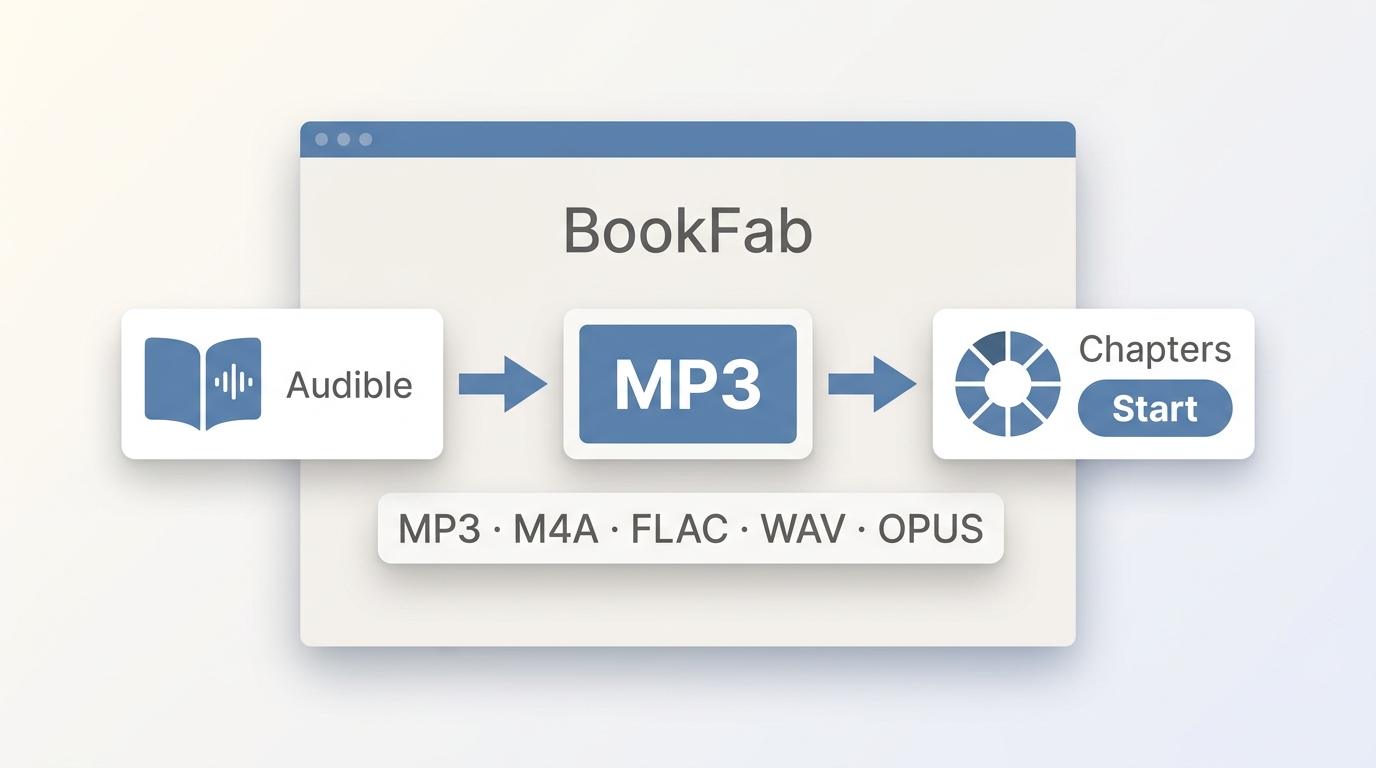 BookFab Audible Converter selecting MP3 output and chapter splitting for an Audible title