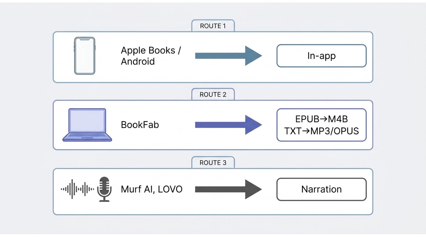 Three routes: device read-aloud, BookFab downloadable audio files, and Murf AI or LOVO narration.