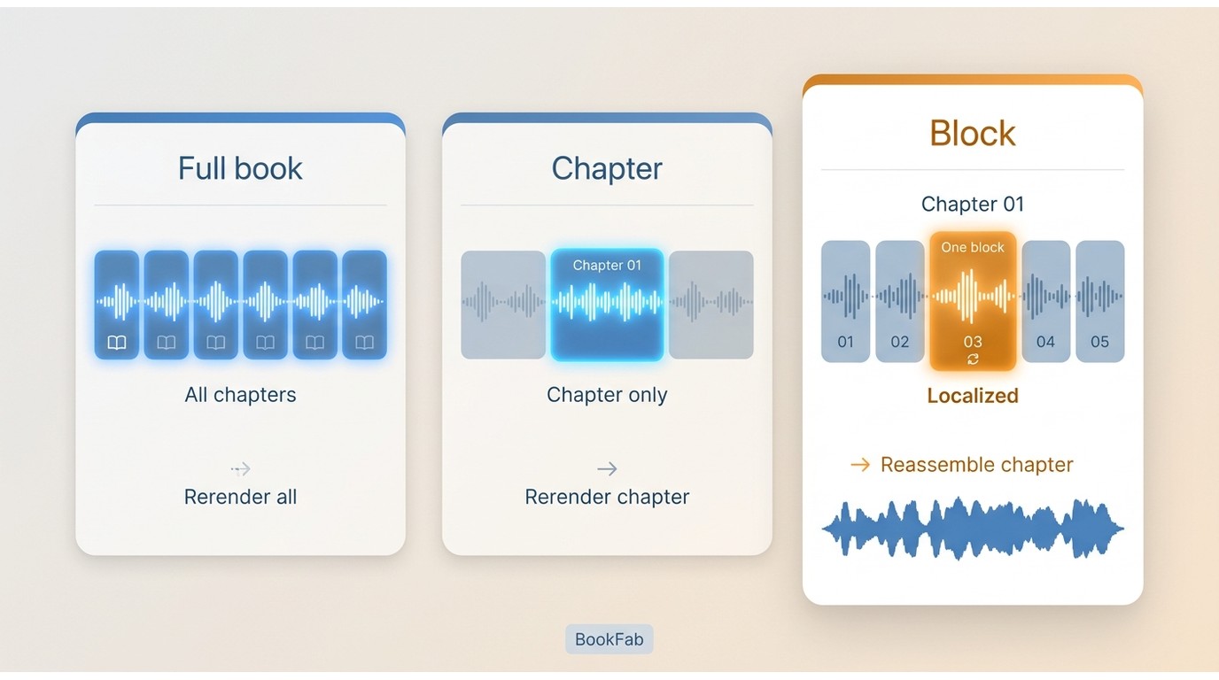 Comparison of BookFab regeneration scope for full books, chapters, and individual audio blocks.