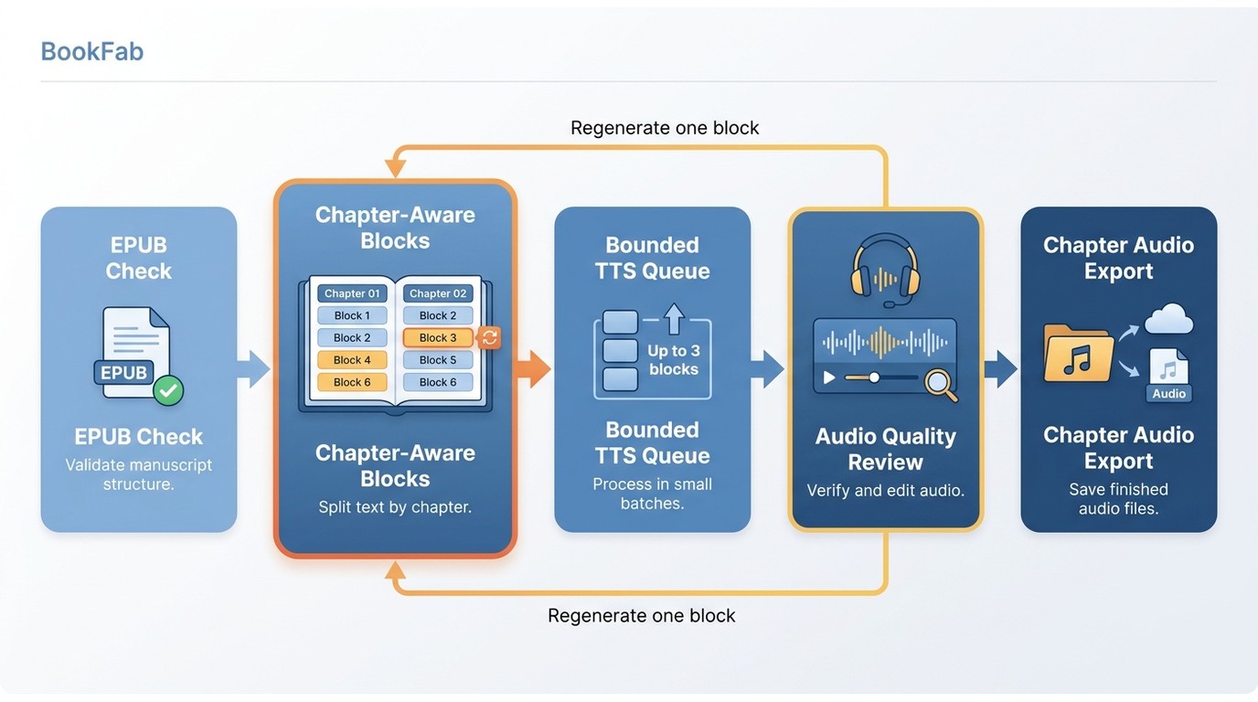 BookFab five-stage workflow from eBook validation to localized block regeneration and chapter audio