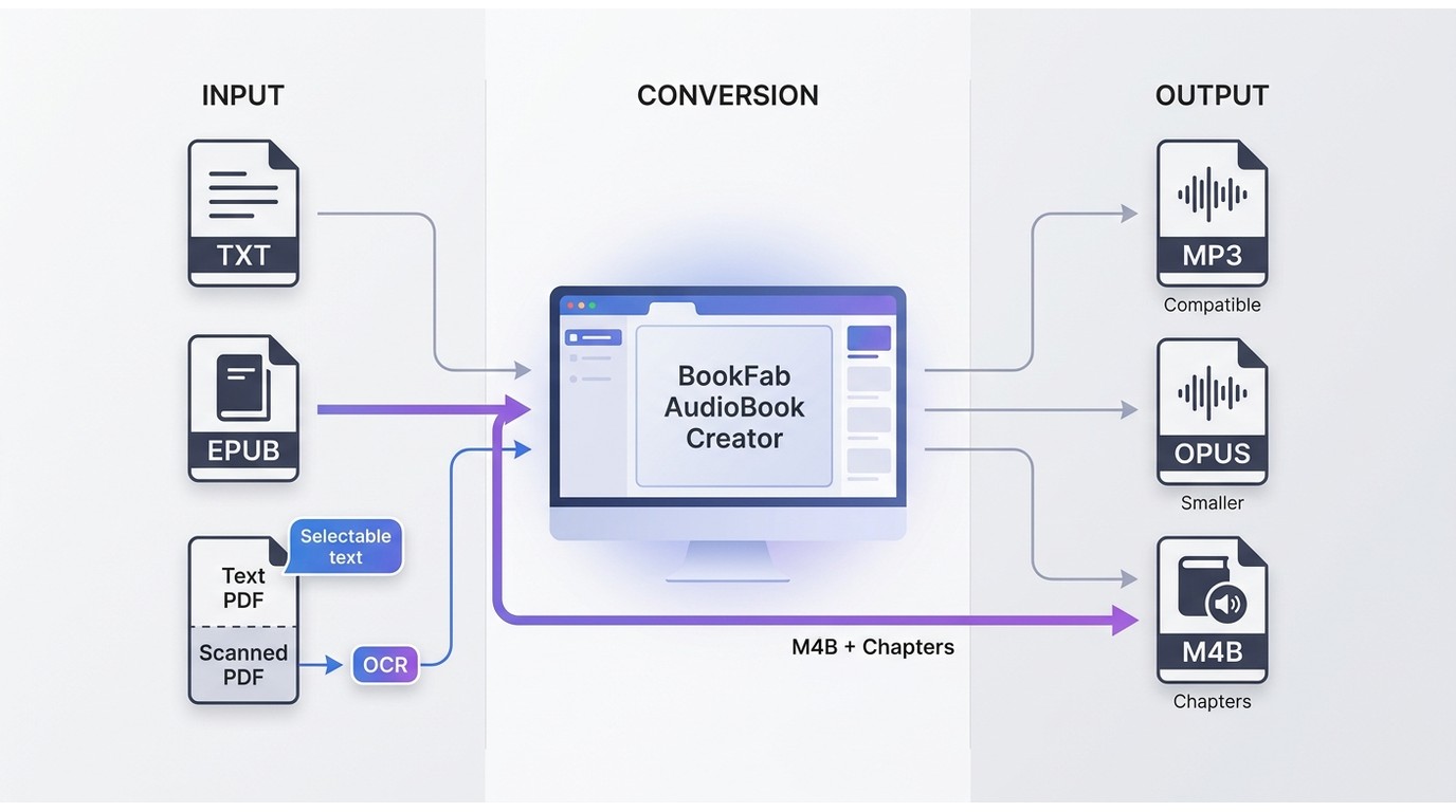 TXT, EPUB, and PDF paths to MP3, OPUS, and chapter-aware M4B audiobook files.