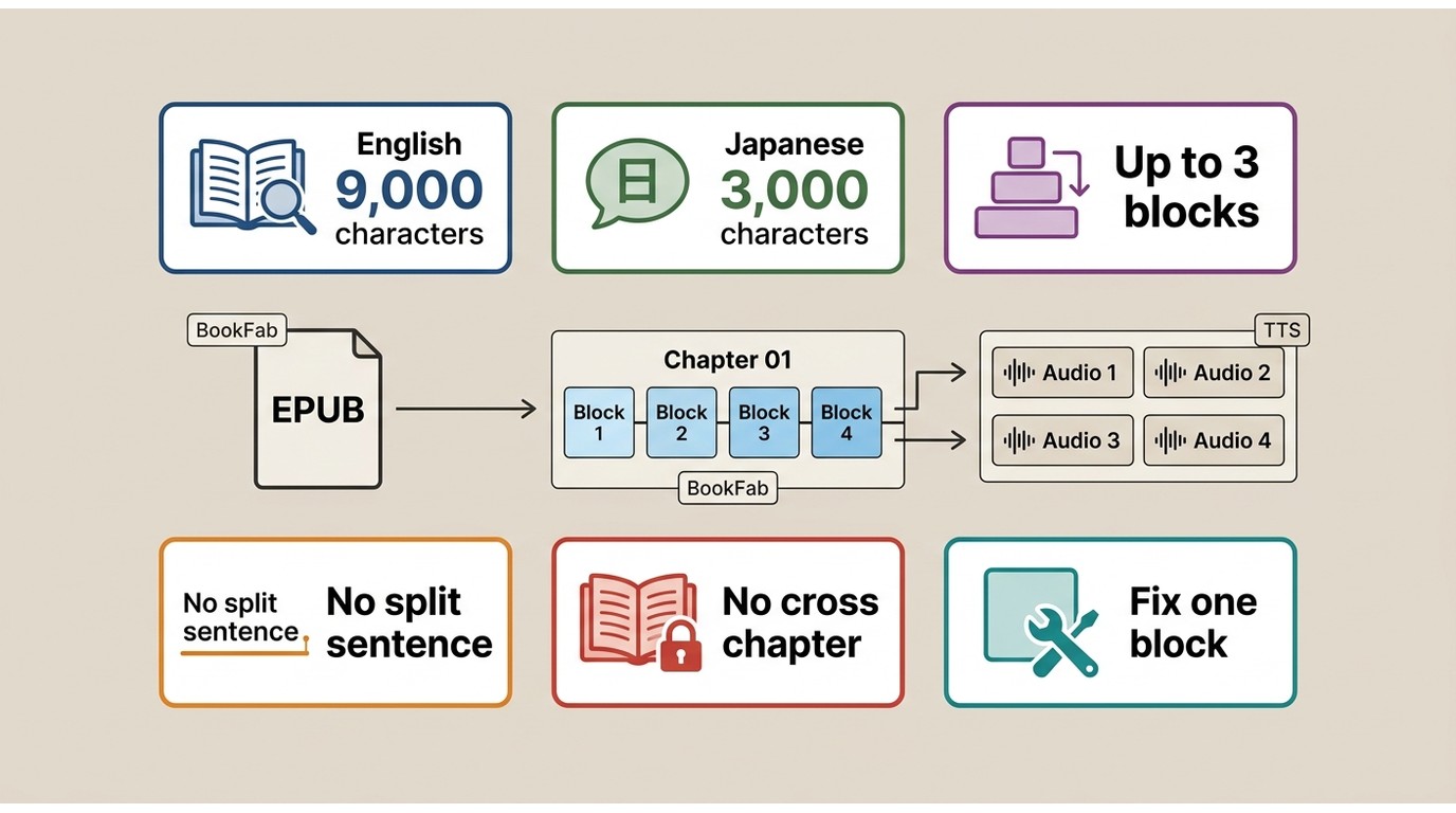 BookFab block rules: 9,000 English characters, 3,000 Japanese characters, intact sentences and chapt