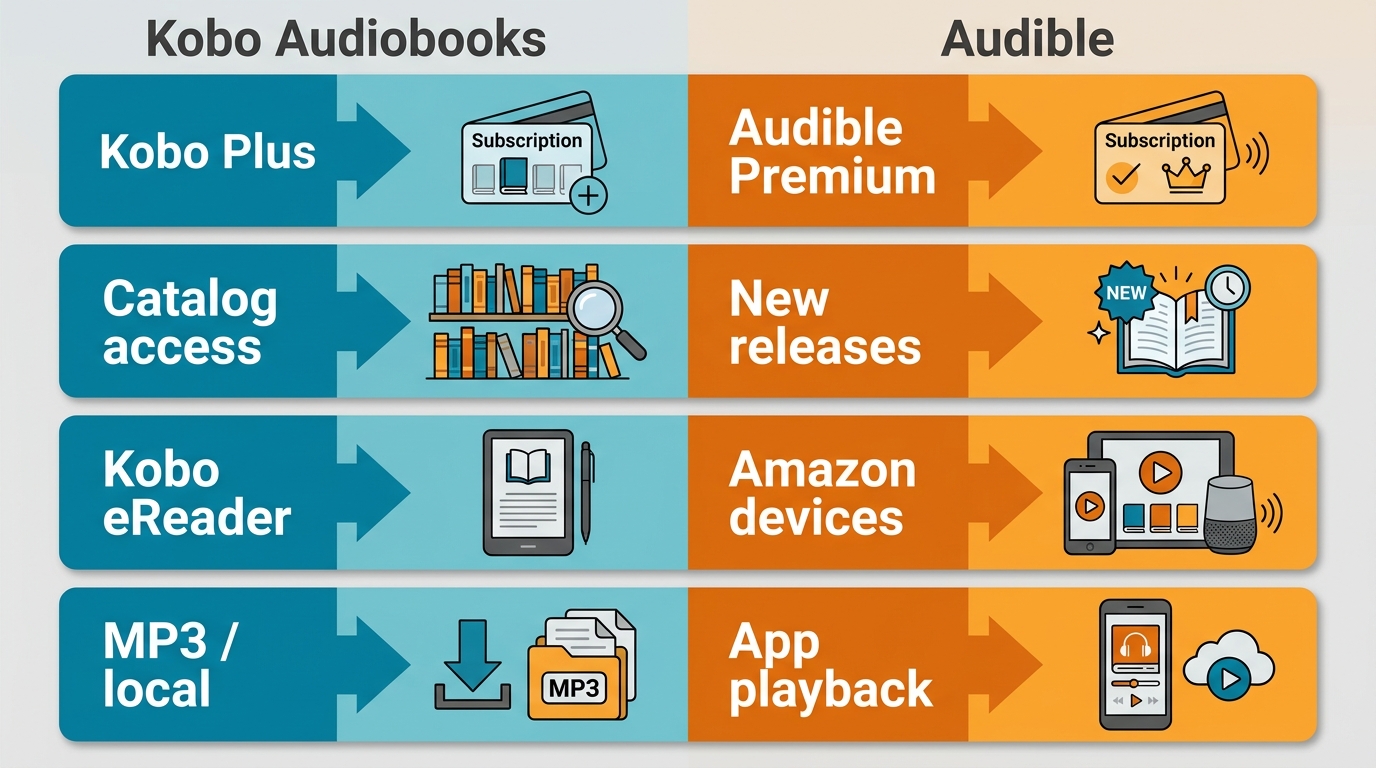 Kobo Audiobooks and Audible decision path for plans, devices, portability, and cancellation access