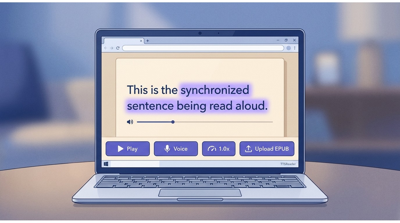 TTSReader EPUB playback with voice controls, reading speed, and synchronized text highlighting