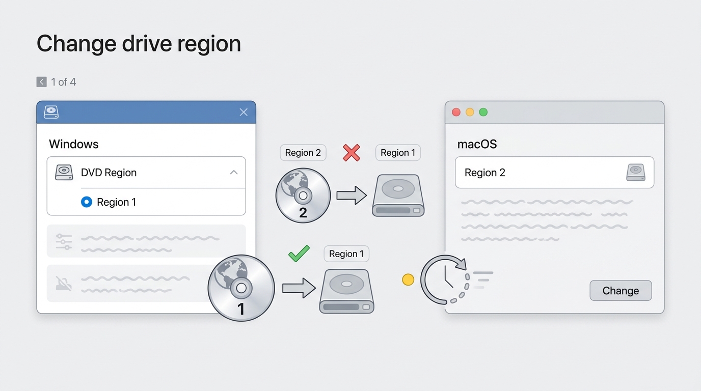 Windows DVD Region settings and macOS DVD Player prompt for matching a disc region.